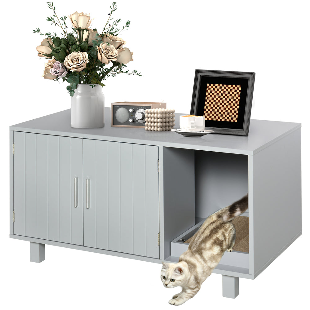 Litter box cabinet with scratching post, magnetic doors, gray