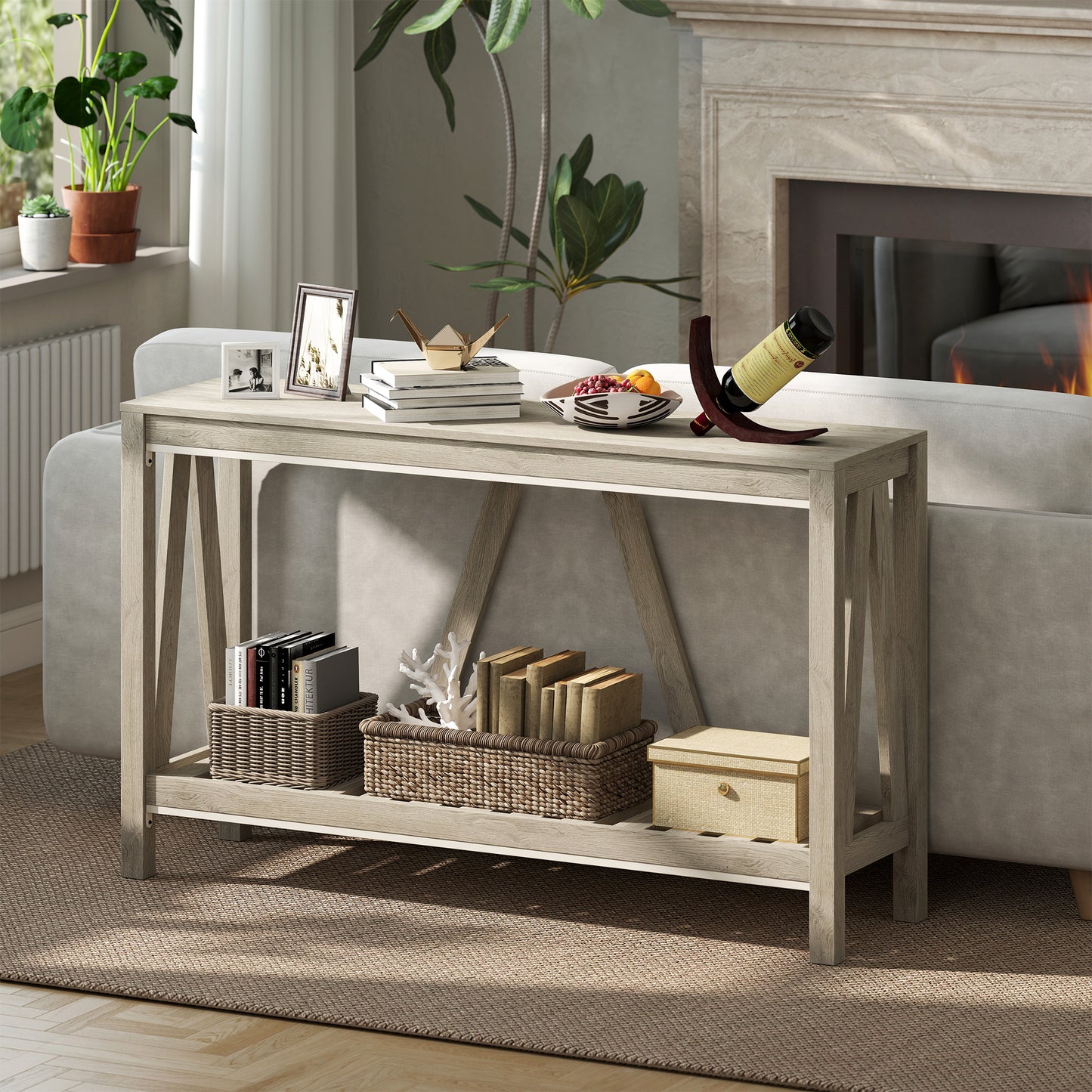 Table d'entrée style rustique avec étagère de rangement pour salon et couloir, gris vieilli