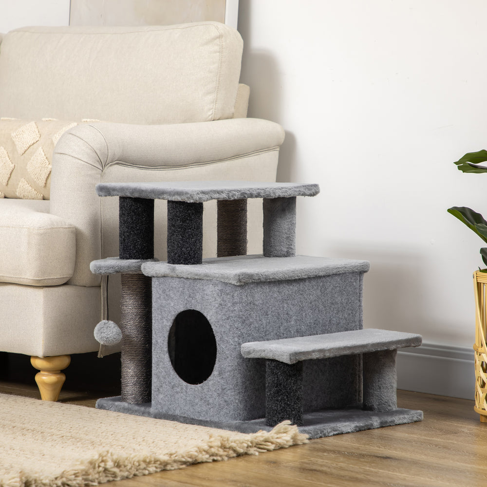 Cat stairs with scratching posts and ball toy, grey