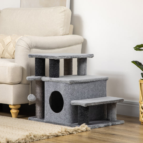 Cat stairs with scratching posts and ball toy, grey