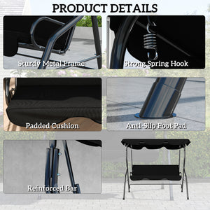 Outdoor Porch Swing with Adjustable Canopy, 3-Seater Patio Swing Chair with Cushion, Black