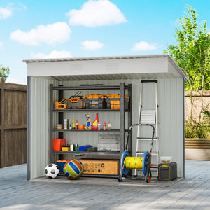 Metal garden shed with lockable sliding doors and ventilation, grey