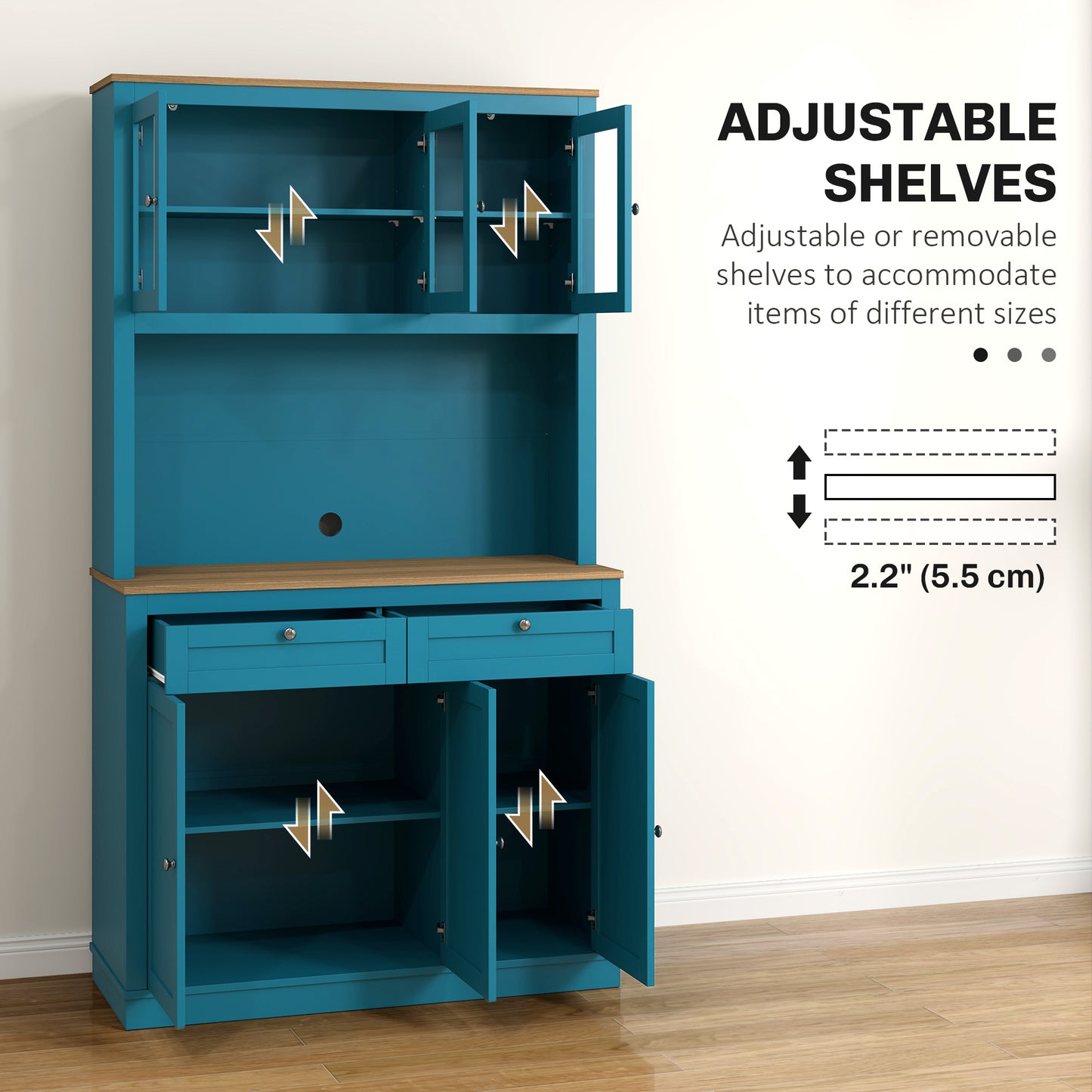 Storage cabinet with microwave space, sideboard with hutch, 2 drawers, adjustable shelves and glass doors, navy blue