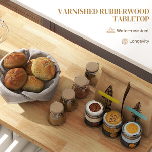 Îlot de cuisine avec rangement, roulante avec plateau en bois d'hévéa, étagère à épices, porte-serviettes, blanc crème