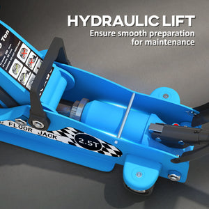 Cric hydraulique extra-bas 2,5 tonnes bleu avec plage de levage jusqu’à 14,1 po, bleu