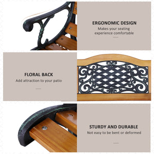 Two-seater outdoor garden bench, wooden and metal frame with a backrest adorned with plastic patterns, natural wood