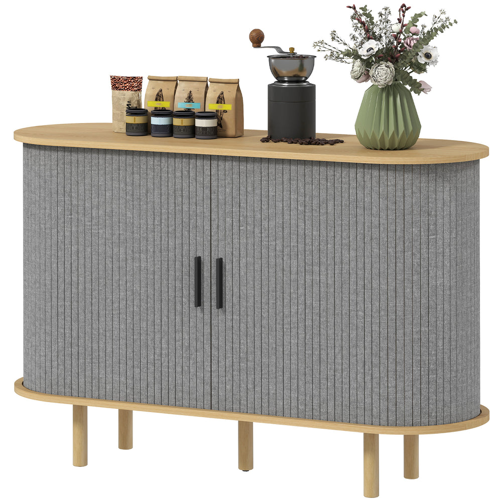 Buffet avec portes coulissantes à tambour cannelé avec étagères et pieds en bois, gris