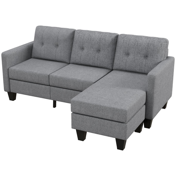 Canapé d'angle 3 places avec pouf, coussin épais et pieds en bois, gris clair
