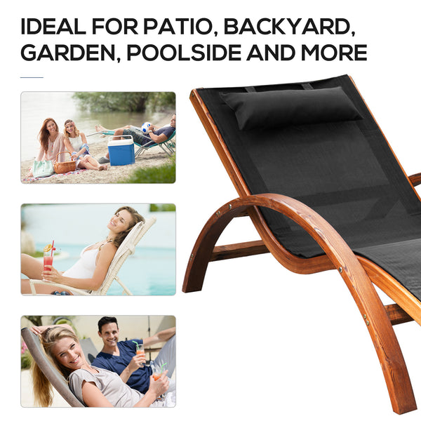 Chaise longue d'extérieur en bois, inclinable avec appui-tête, teck et noir