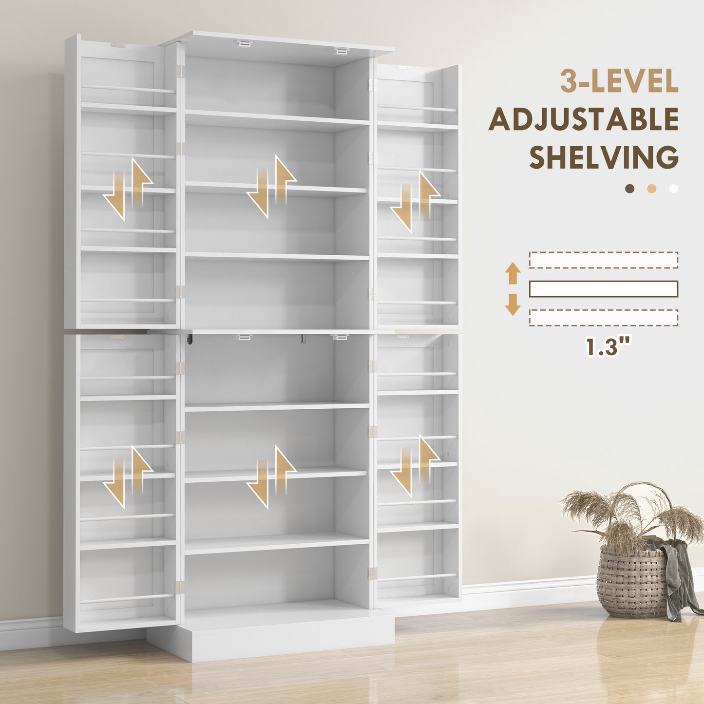 65-inch Kitchen Cabinet, Pantry with 4 Doors and 16 Shelves for Dining Room, White 