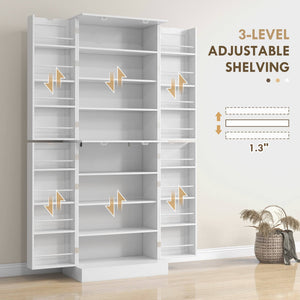 Meuble de cuisine 65 pouces, Garde-manger avec 4 portes et 16 étagères pour salle à manger, blanc