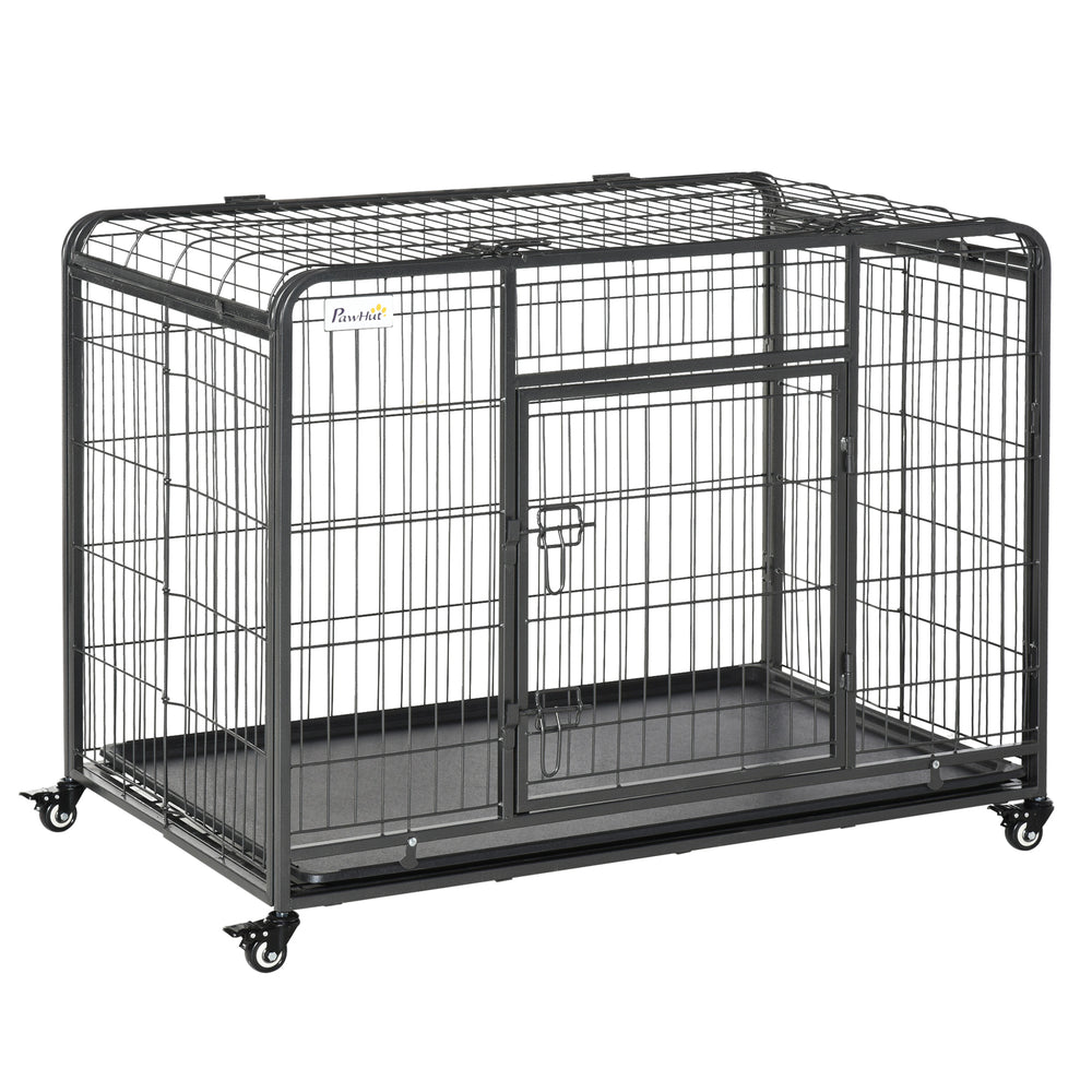 Foldable, sturdy cage with double door, lockable wheels and tray