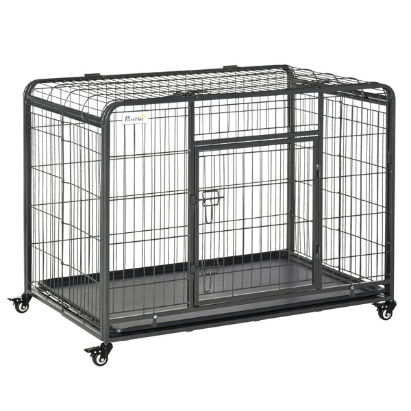 Cage pliable et robuste avec double porte, roulettes verrouillables et plateau