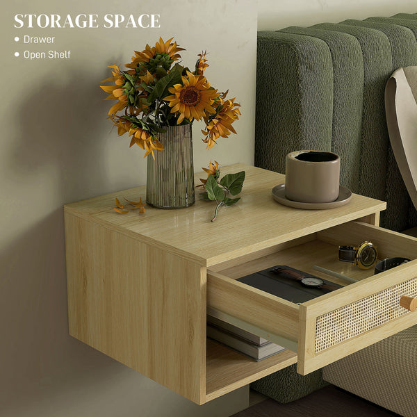 Ensemble de 2 tables de chevet murales flottantes avec tiroir en rotin – Bois naturel