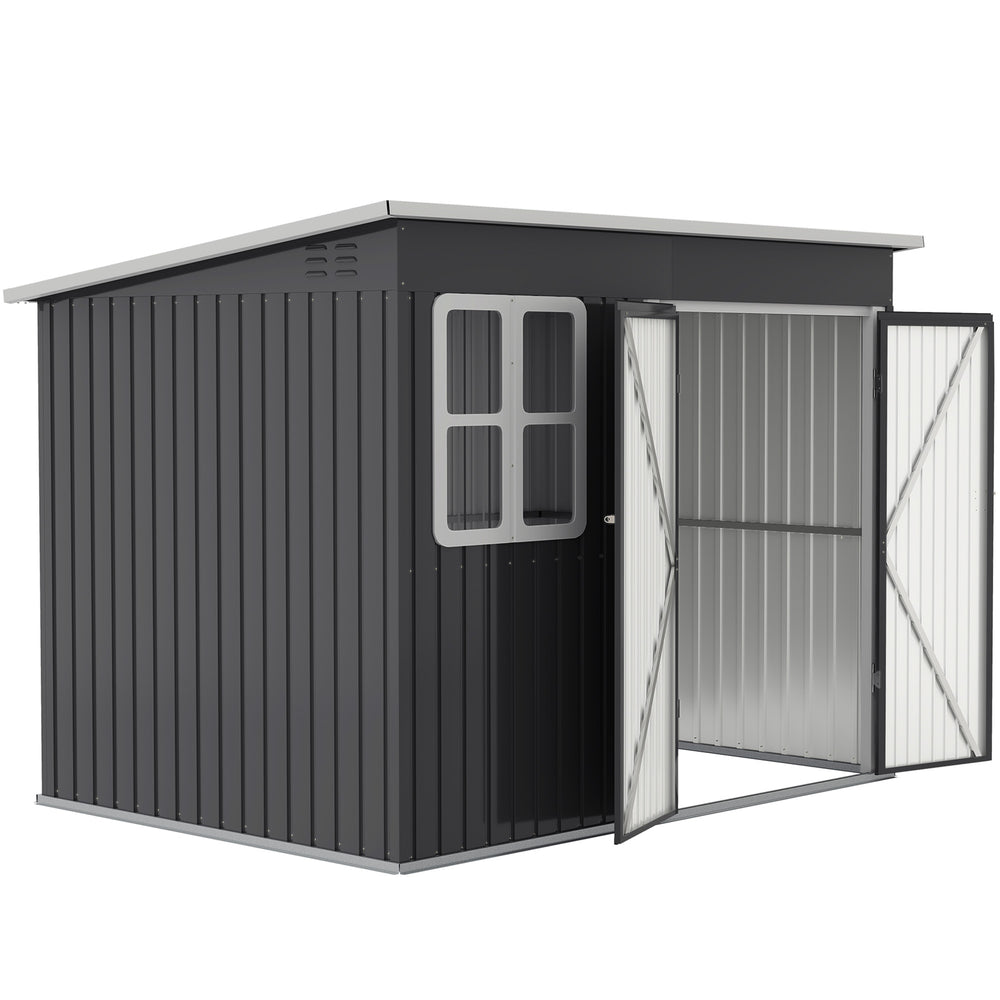 Abri de jardin extérieur en acier galvanisé, avec fenêtre, portes larges verrouillables et aérations, gris foncé