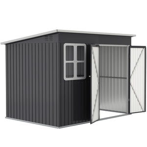 Abri de jardin extérieur en acier galvanisé, avec fenêtre, portes larges verrouillables et aérations, gris foncé