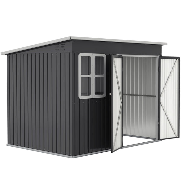 Abri de jardin extérieur en acier galvanisé, avec fenêtre, portes larges verrouillables et aérations, gris foncé