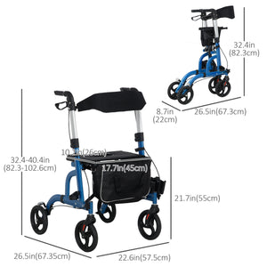 Rollator Walker for Seniors and Adults with 8'' Wheels, Padded Seat and Backrest,  Storage Bag Blue