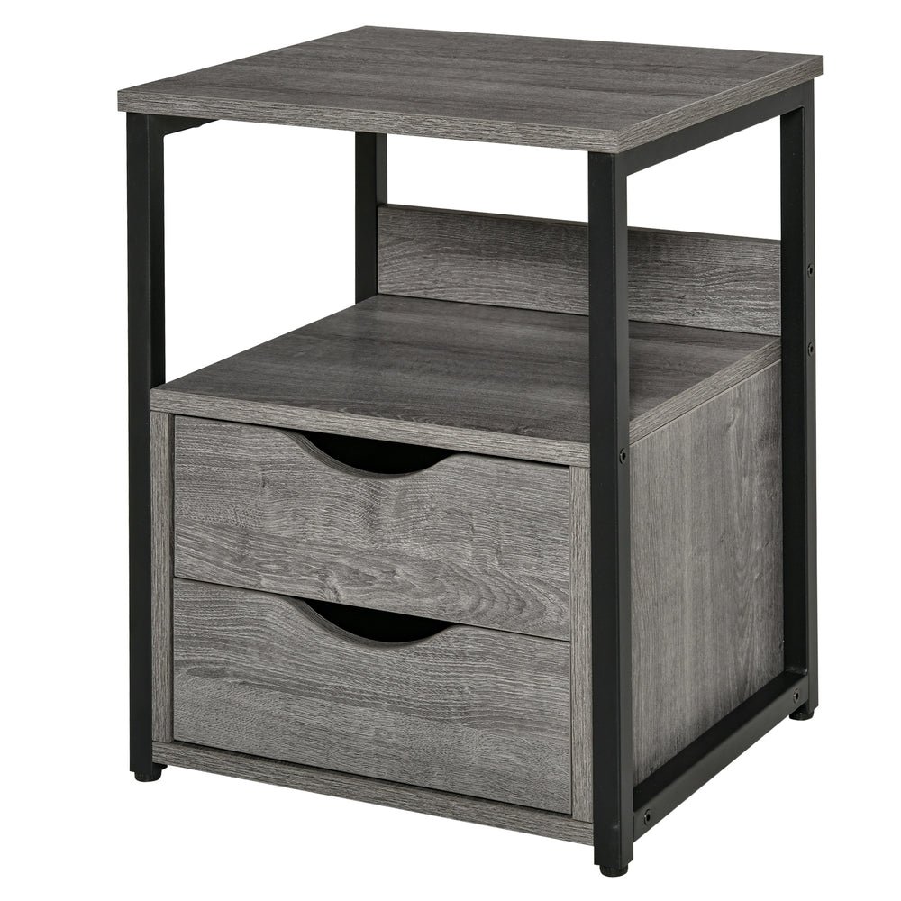 Table de chevet avec 2 tiroirs et étagère de rangement, gris