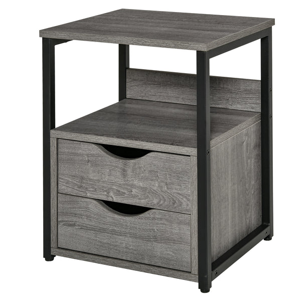 Table de chevet avec 2 tiroirs et étagère de rangement, gris