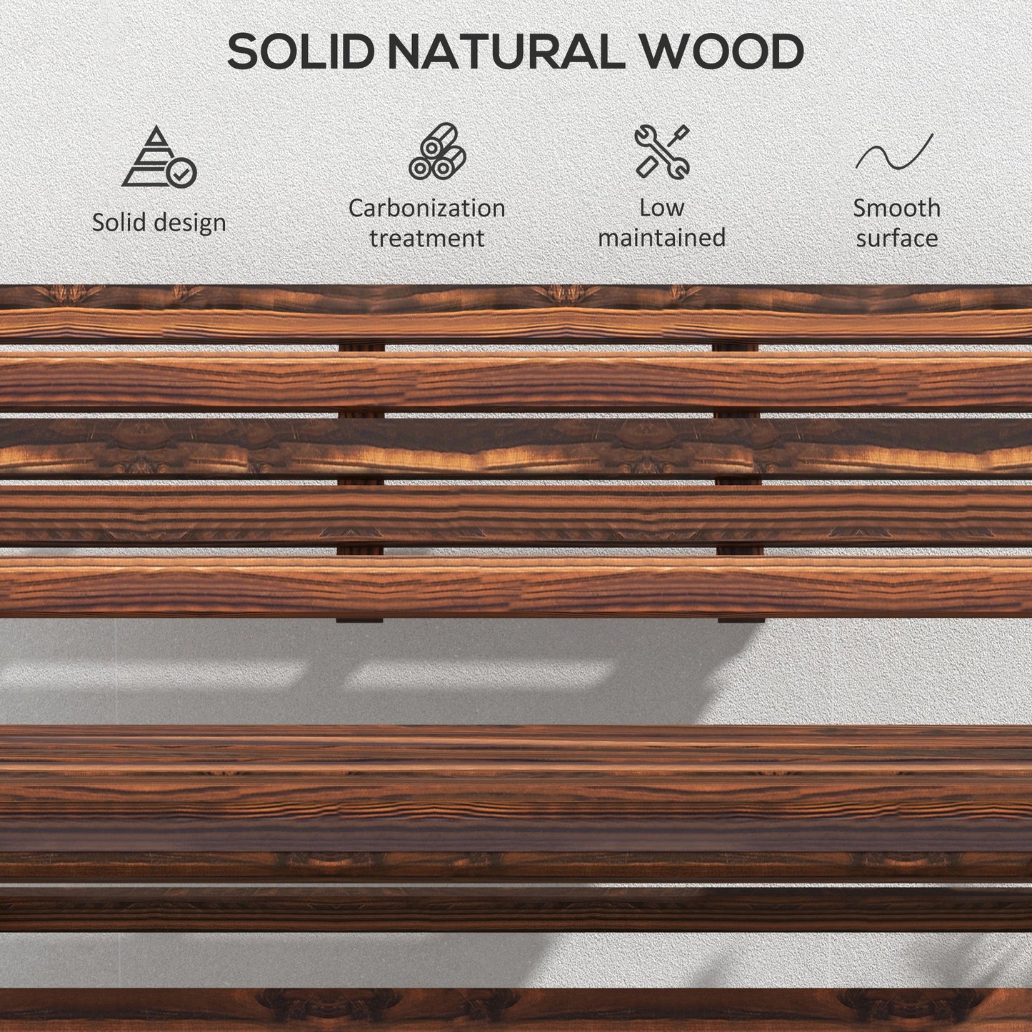 Banc d'extérieur en bois 2 places avec dossier et assise à lattes, finition carbonisée