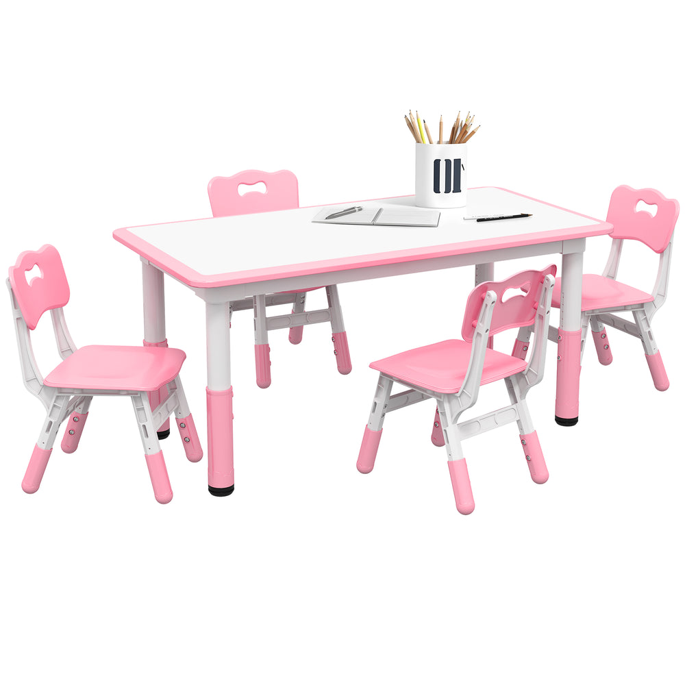 Kids Table and Chair Set (4 Chairs, Adjustable Height, Easy to Clean, Ages 1.5-5), Pink