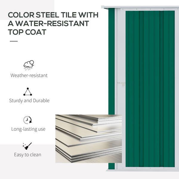 Abri de jardin en métal avec toit incliné et porte verrouillable pour outils, vert