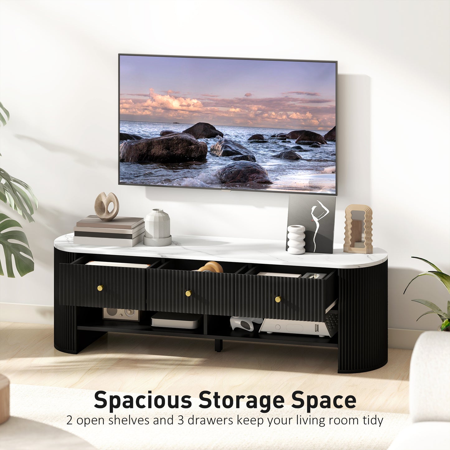 Meuble TV moderne avec plateau effet marbre, 3 tiroirs et 2 étagères ouvertes pour téléviseur de 32 à 65 pouces, noir