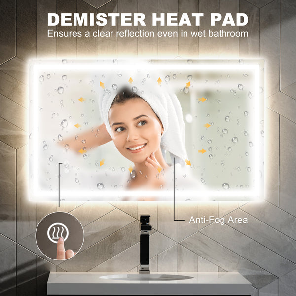 Miroir de salle de bain avec éclairage LED, revêtement antibuée et bouton tactile