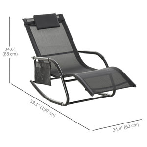 Patio Rocking Chair with Mesh Fabric, Outdoor Rocking Sling Sun Lounger with Removable Headrest and Side Pocket for Garden, Deck, Lawn, Black