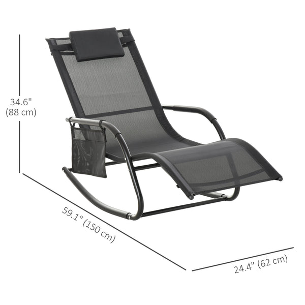 Patio Rocking Chair with Mesh Fabric, Outdoor Rocking Sling Sun Lounger with Removable Headrest and Side Pocket for Garden, Deck, Lawn, Black