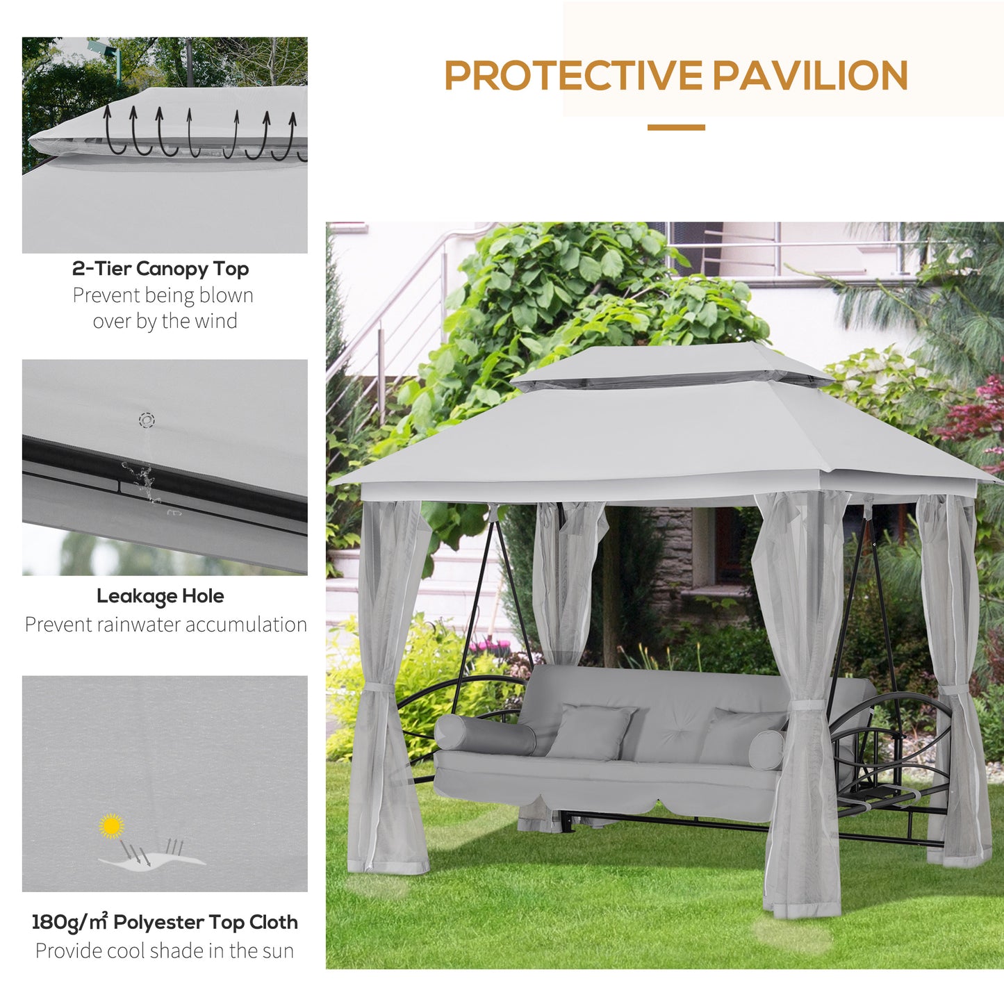 Outsunny 3-Seater Outdoor Daybed, 3-in-1 Canopy, Swing, Garden Hammock with Mosquito Net and Sun Shade, Grey