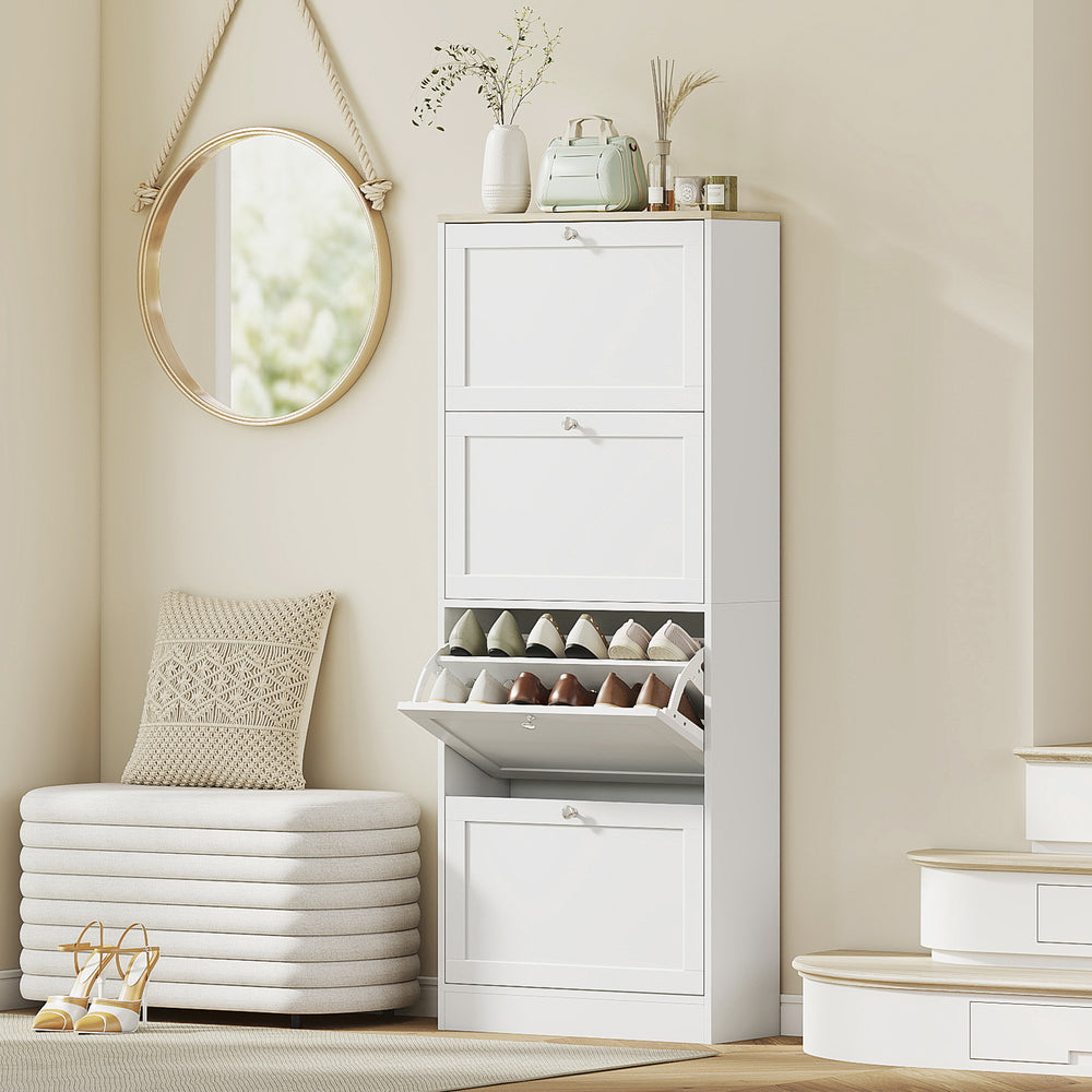 Meuble à chaussures moderne avec 4 tiroirs à charnières et étagères réglables, pour 18 à 24 paires de chaussures, blanc