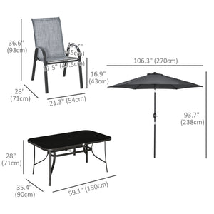 Ensemble de salle à manger 8 pièces avec parasol, 6 chaises et table, gris