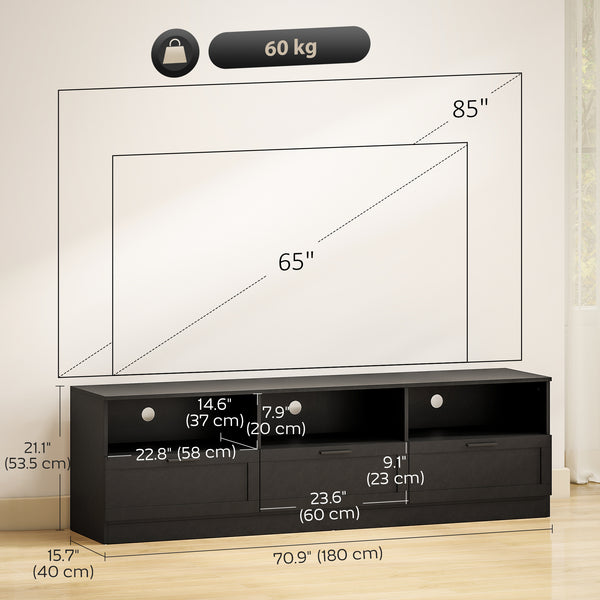 Meuble TV avec 3 armoires et 3 étagères ouvertes, pour téléviseurs jusqu'à 85 pouces, noir