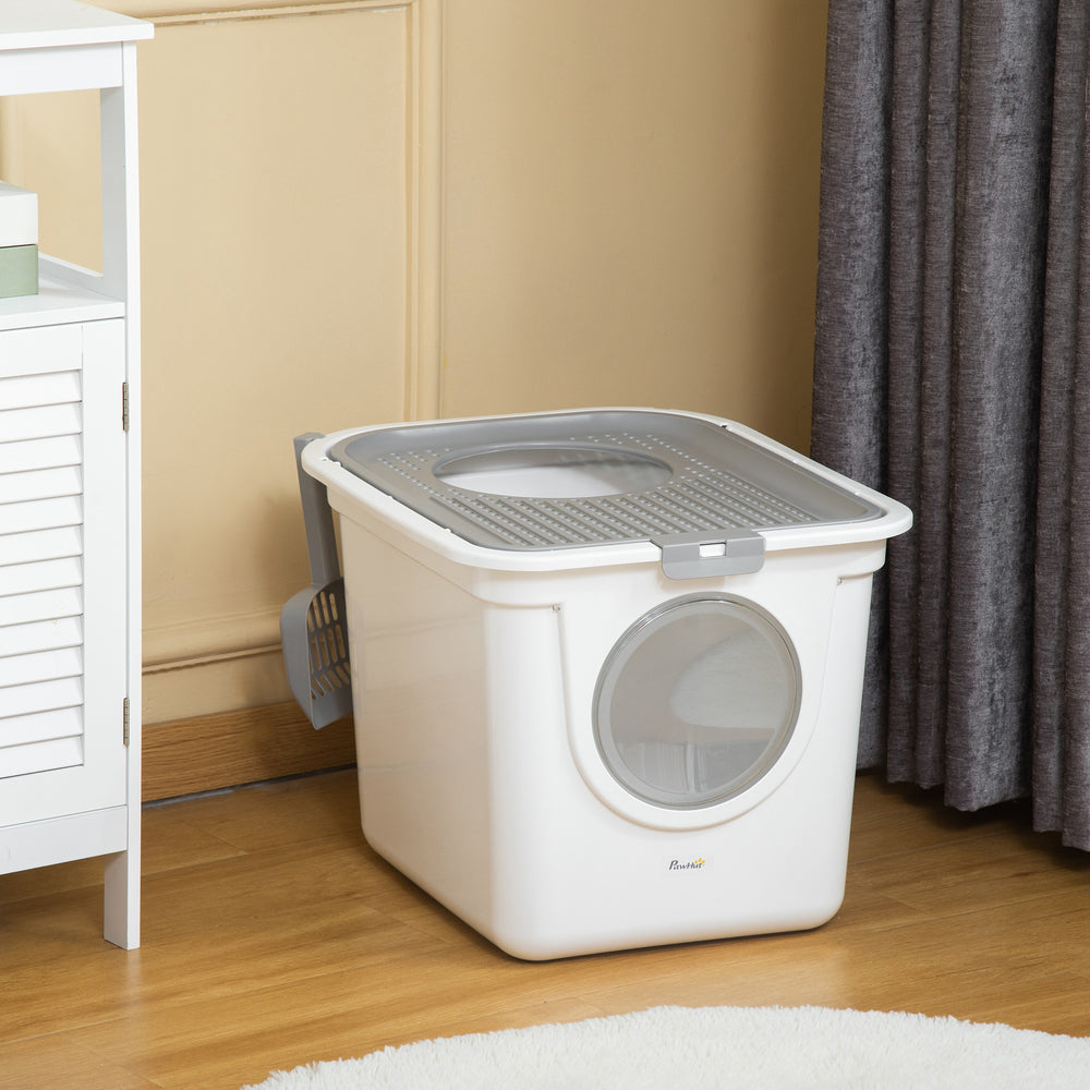 Enclosed litter box with front entrance, top exit and scoop, white