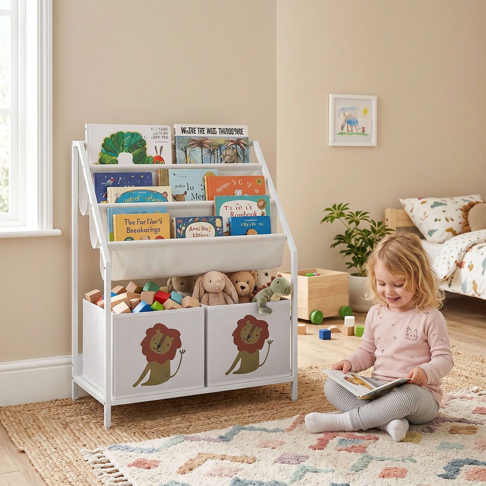 3-Tier Kids Bookshelf with 2 Bins, White