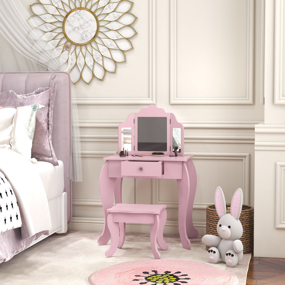 Qaba Star Heart Vanity Table: Tri-Fold Mirror, Drawer, Makeup Desk &amp; Stool for Girls, Pink |