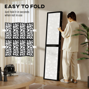 Folding screen with 4 panels, 1.70 m, lightweight and opaque, geometric pattern, black