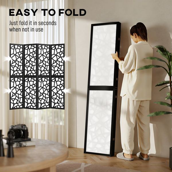 Folding screen with 4 panels, 1.70 m, lightweight and opaque, geometric pattern, black