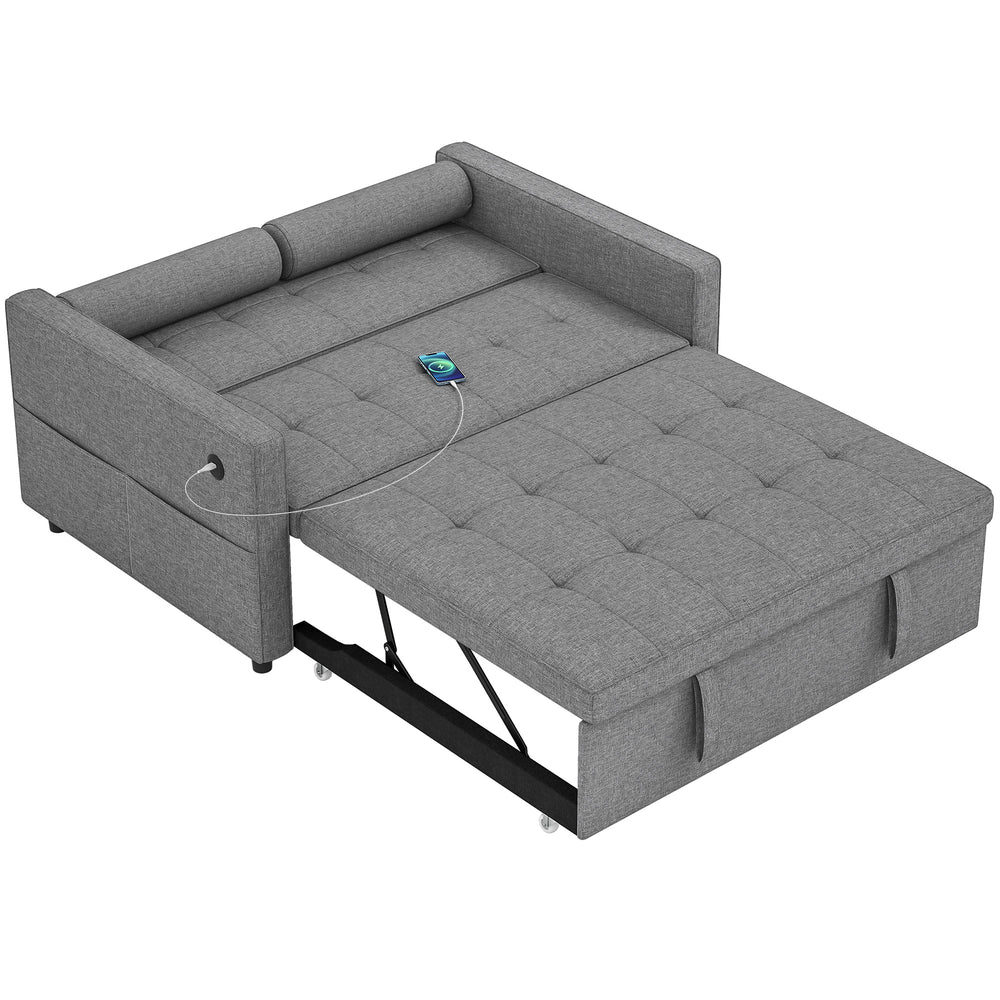 Canapé-lit gigogne futon deux places en lin avec ports USB, gris