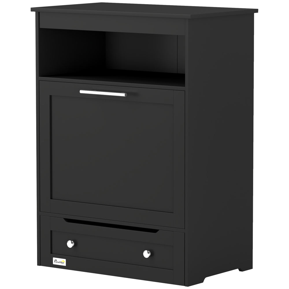 Black food storage cabinet with elevated bowls