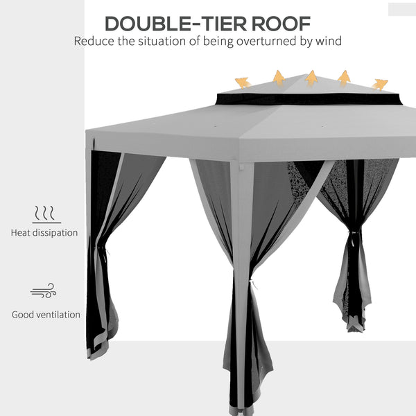 Tente de réception 10 x 10 avec moustiquaire et toit à double niveau, gris clair