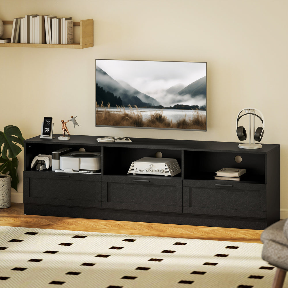 Meuble TV avec 3 armoires et 3 étagères ouvertes, pour téléviseurs jusqu'à 85 pouces, noir
