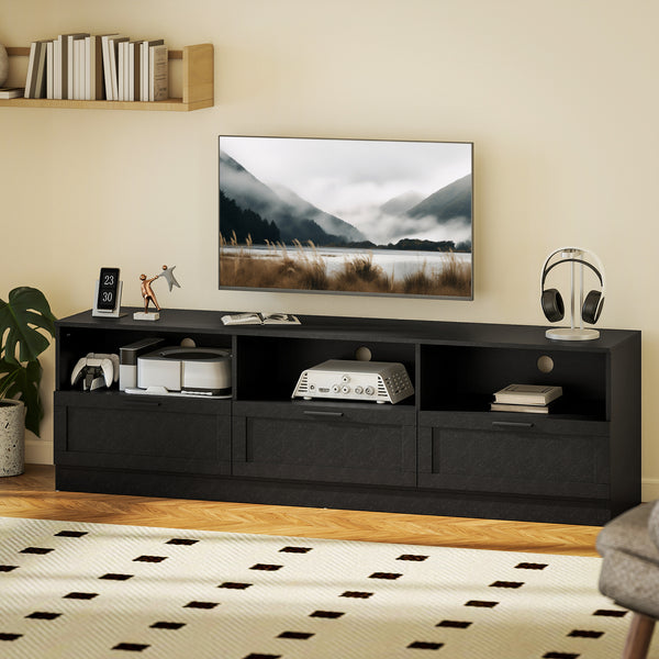 Meuble TV avec 3 armoires et 3 étagères ouvertes, pour téléviseurs jusqu'à 85 pouces, noir