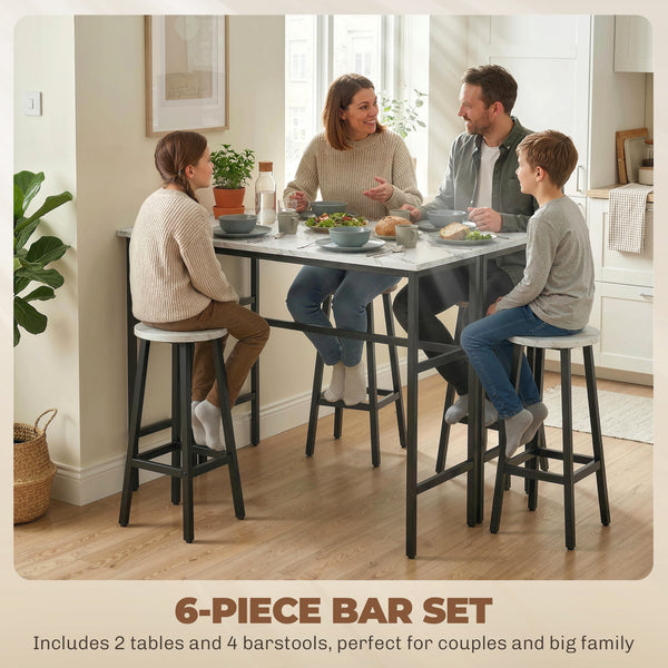 Bar Table Set of 6, Bar Table and Stools for 4, 2 Breakfast Tables and 4 Stools for Living Room, White Marble