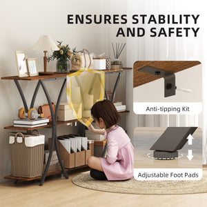 Industrial 3-tier entryway console with 2 storage shelves for living room or hallway, rustic brown