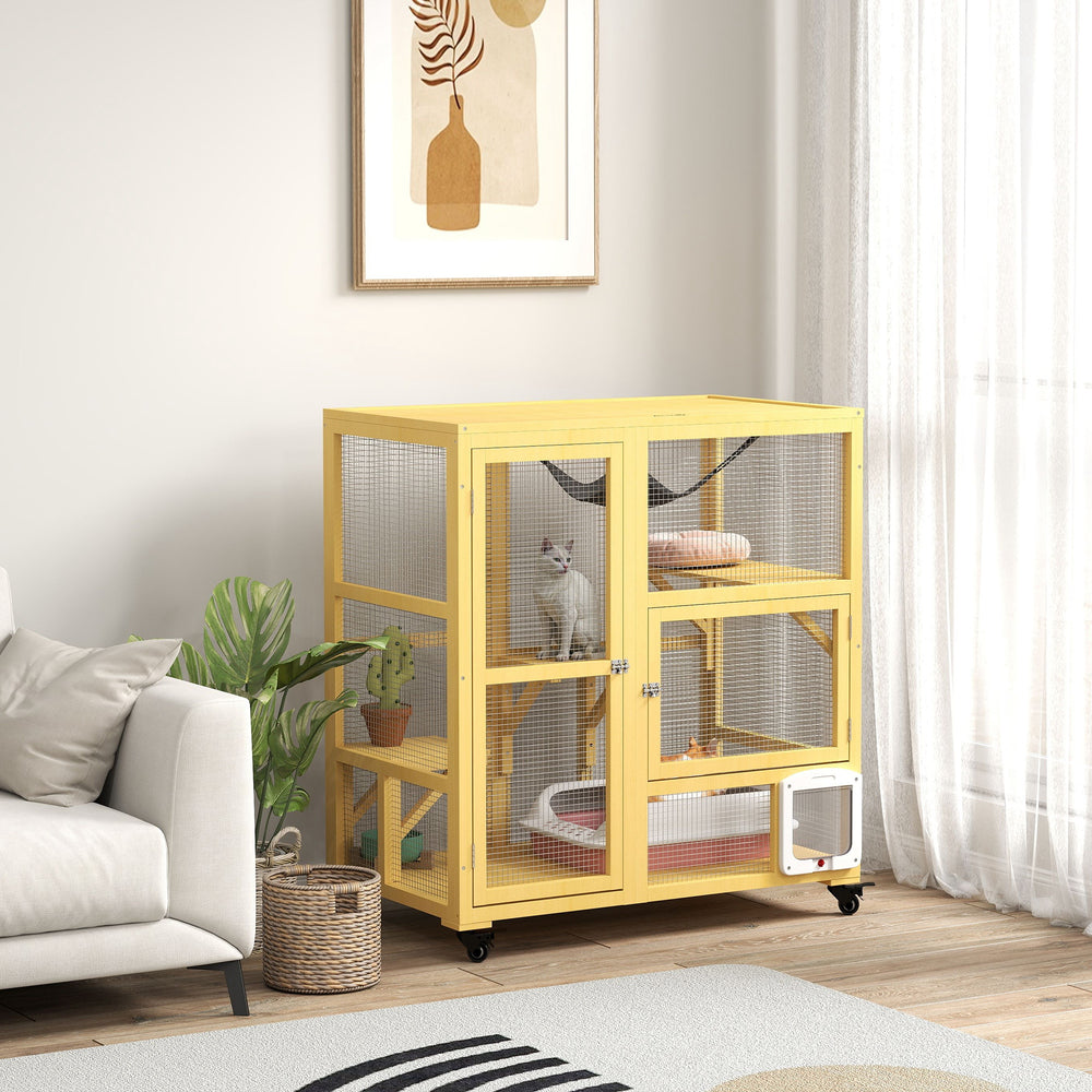 Enclos pour chats en bois sur roulettes avec chatière, beige