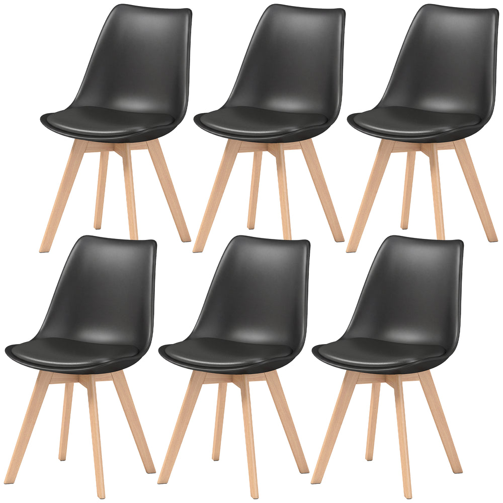 Ensemble de 6 chaises de salle à manger modernes en bois d'hévéa avec coussin en cuir PU - Noir