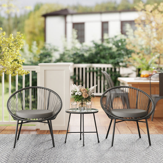 Outsunny 3 Piece Wicker Patio Furniture Set with Soft Cushions, Tempered Glass Top, Garden Bistro Set, Black